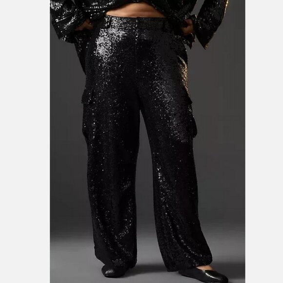 Anthropologie 22W NWT Sequin Cargo Pants Wide Leg Black 22 W Plus New